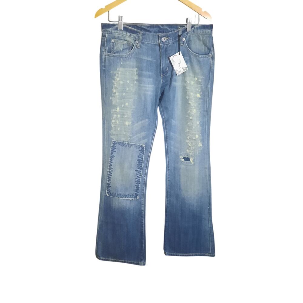 Chip & Pepper Olivia Flare Distressed Patchwork on Right Leg Jeans Size 31 NWT